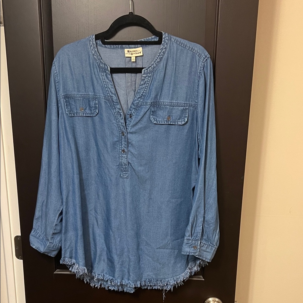 Women's Chambray Blouse with Frayed Hem